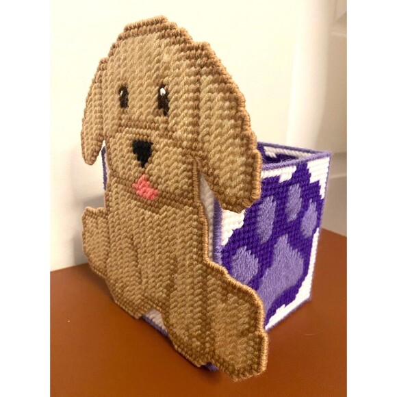 Handmade Needlepoint Plastic Yarn TREAT BOX & PHOTO FRAME Dog Puppy Retriever - Picture 4 of 13